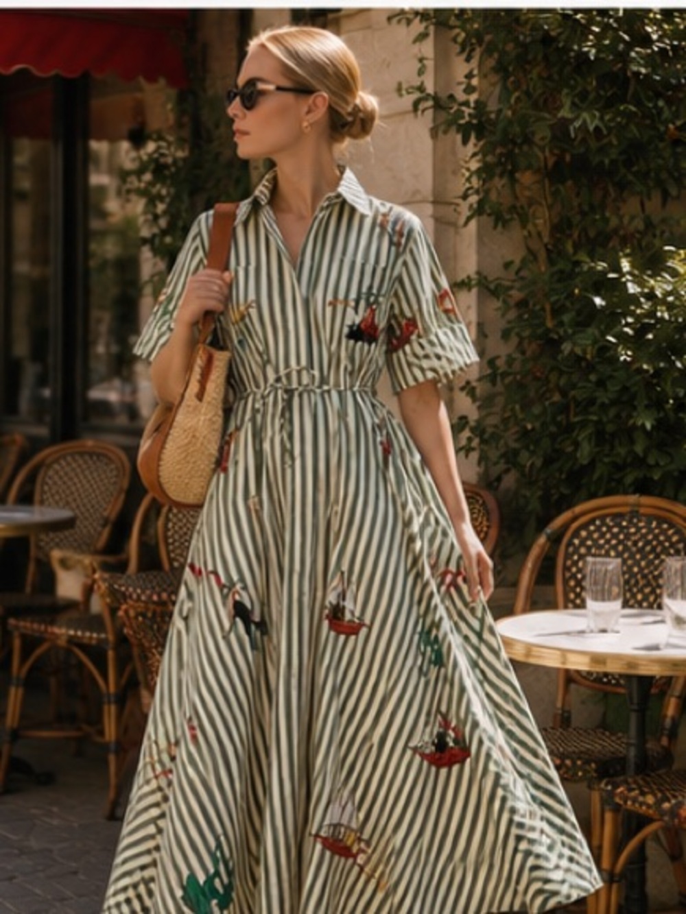 Alemais Striped embroidered Midi Dress with Floral Accents - Picture 4 of 10